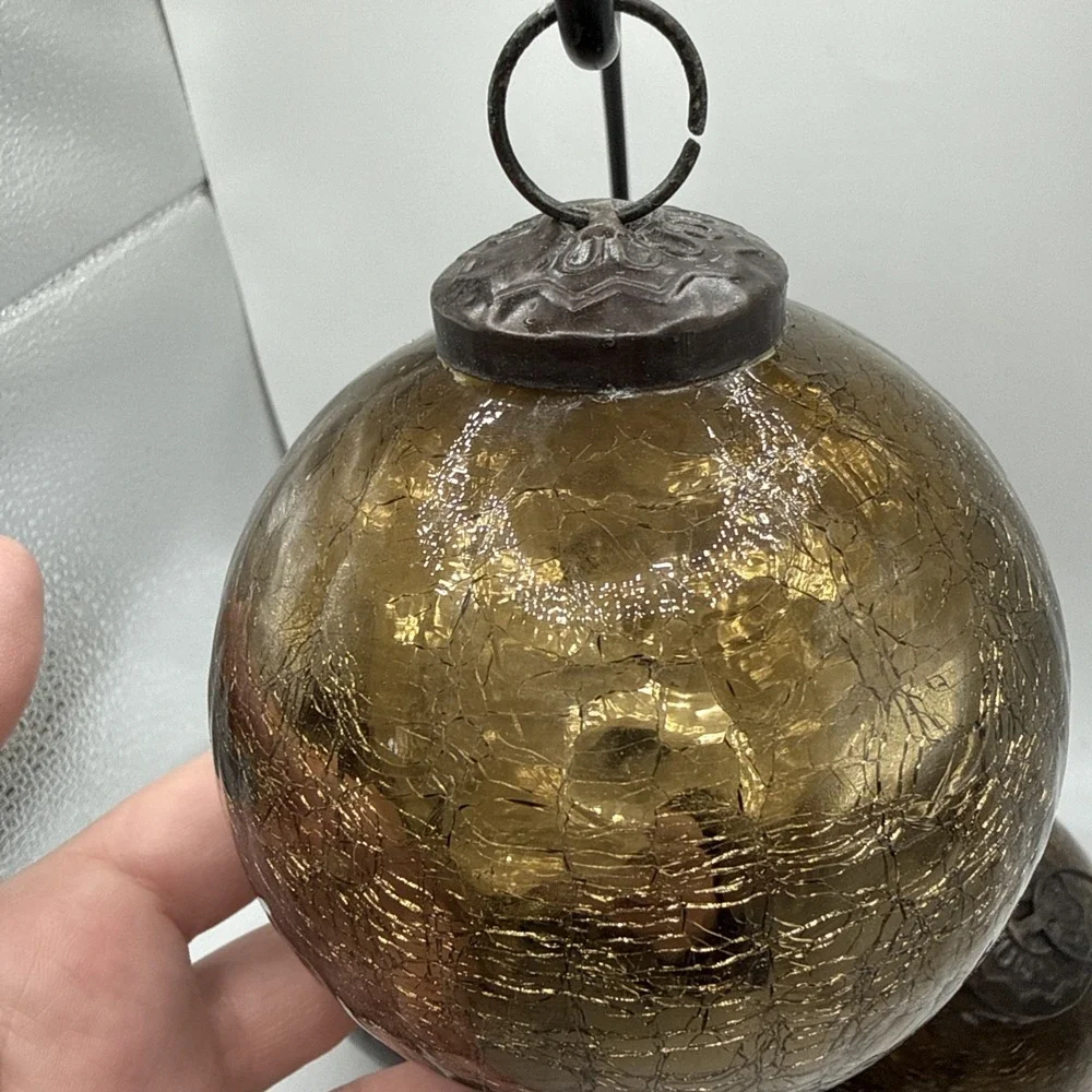 VTG Kugel Style Dark Gold Mercury Crackle Glass Christmas Ornaments Set Of 4